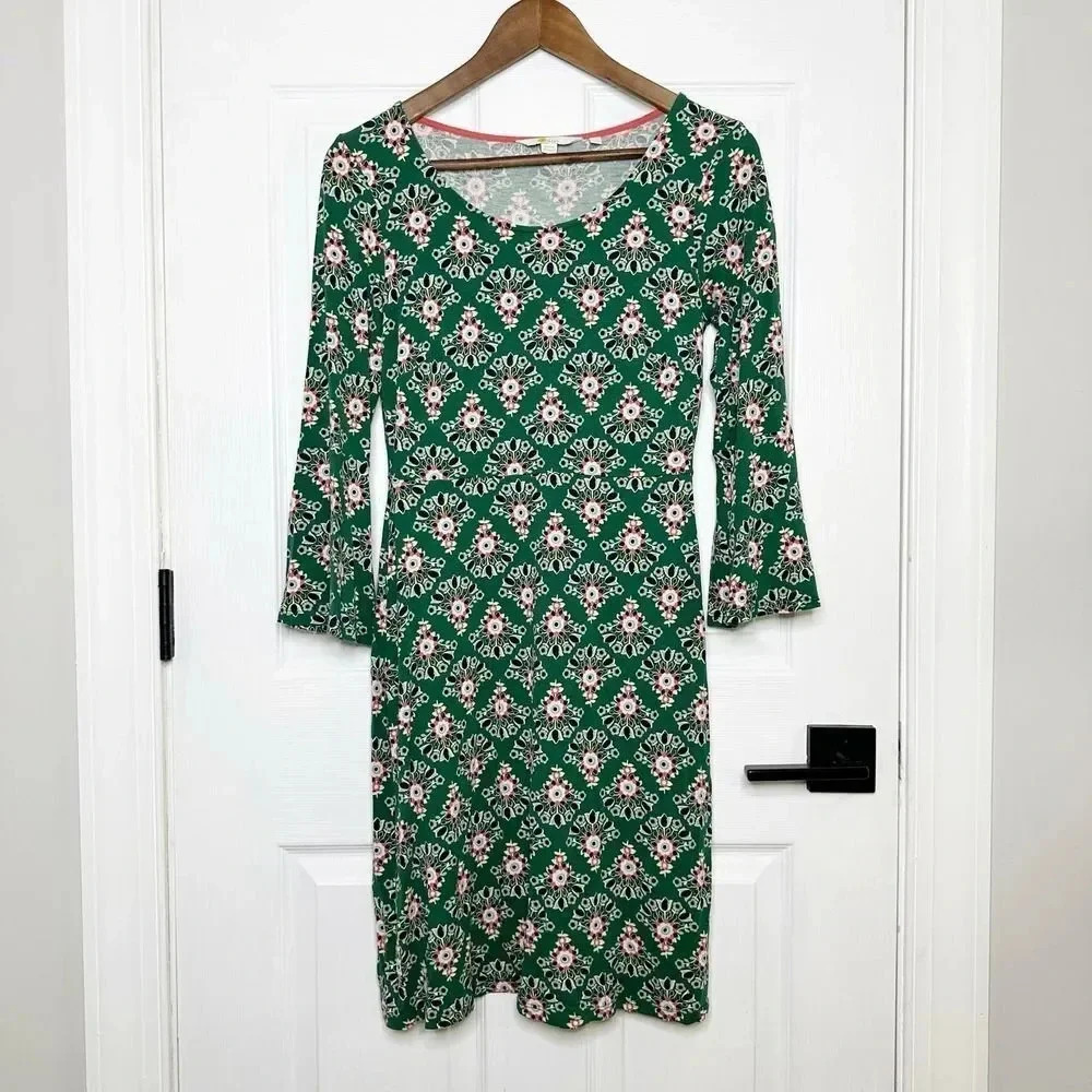 BODEN Size 6L Miriam Stretch Knit Bell Sleeve Green Geometric Floral Print Dress